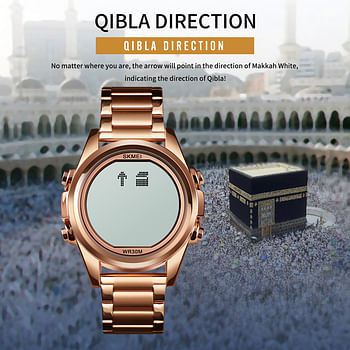 Skmei Muslim Digital Watch for Prayer Qibla Compass Hijri Calendar Quran Bookmark City Selection Function Date Week Alarm Backlight 3ATM Waterproof Men Azan Watches Islamic Wristband Men's Rose Gold