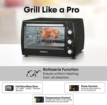 Impex  1800W 45 Litre Oven Toaster Grill (OTG) with Convection and Rotisserie Function 100-250 Temperature setting, Black