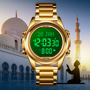 Skmei Muslim Digital Watch for Prayer Qibla Compass Hijri Calendar Quran Bookmark City Selection Function Date Week Alarm Backlight 3ATM Waterproof Men Azan Watches Islamic Wristband Men's Rose Gold