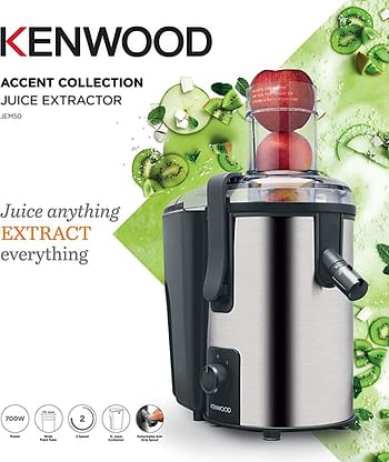 Kenwood Juicer 700W Stainless Steel Juice Extractor with 75mm Wide Feed Tube, 2 Speed, Anti Drip for Home, Office, Restaurant & Cafeteria JEM50.000BS Silvr/Black, Silver and Black