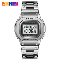 New SKMEI 1456 Outdoor Sport Chronograph LED Light Stainless Steel Countdown Digital Watch For Men - Silver