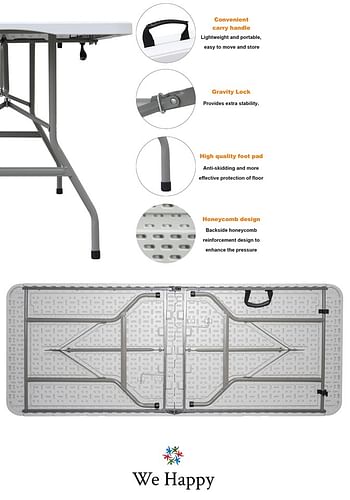 We Happy Folding Table - Foldable Heavy Duty Plastic Table for Indoor & Outdoor Parties, Picnic, Camping, Wedding BBQ Catering, Garden Dining - Fold-In-Half Portable Utility Table - White - 6ft