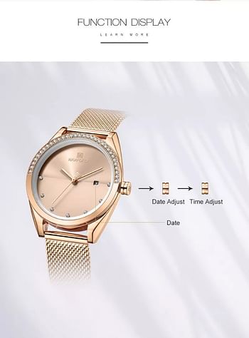 NAVIFORCE NF5015 Ladies Stainless Steel Mesh Crystal Date Display Quartz Watch - Rose Gold