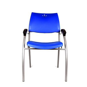 Plastic dining chair with metal frame and arm rest - blue