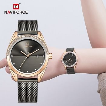 NAVIFORCE NF5015 Ladies Stainless Steel Mesh Crystal Date Display Quartz Watch - Black