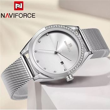 NAVIFORCE NF5015 Ladies Stainless Steel Mesh Crystal Date Display Quartz Watch - Silver