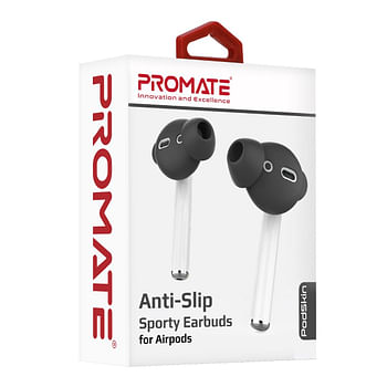 Promate AirPods Ear Tips, Ultra-Slim Silicone Anti-Slip Noise-Isolating Earbuds Cover with Anti-Slip Sweat-Resistant Design and Silicone Carrying Pouch for Apple AirPods and AirPods 2, PodSkin Black