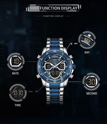 NAVIFORCE NF9189 Stainless Steel Dual Movement Digital Analog Dark Night Display Quartz Watch For Men G/BE