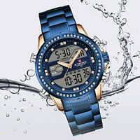Neviforce NF9190 Dual Time Multifunction Luxury Stainless Steel Watch For Men- Blue