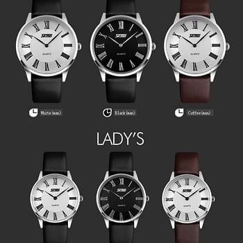 New Quartz Couple  Watches SKMEI 9092 Men's Women's Wristwatch Fashion Leather Slim Simple Waterproof Retro Roman Numerals Watches Brown Silver
