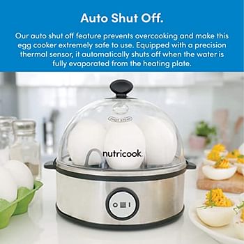 NutriCook NC-EC360 Rapid Egg Cooker 7 Egg Capacity Electric Egg Cooker for Boiled Eggs, Poached Eggs, Scrambled Eggs, or Omelets with Auto Shut Off Feature - Silver