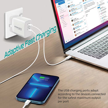 Promate 65W USB-C Power Delivery GaN Charger, Universal Powerful GaN Tech Fast Charger with 2 Type-C Port, Adaptive Charging and Over-Charging Protection for USB-C Powered Devices,