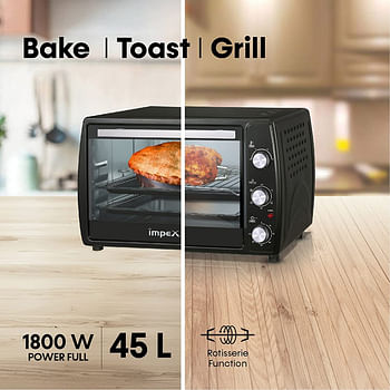 Impex  1800W 45 Litre Oven Toaster Grill (OTG) with Convection and Rotisserie Function 100-250 Temperature setting, Black