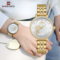 NAVIFORCE NF5017 Casual Diamond Surrounded Stainless Steel Rose Relief Watch For Women - G/W