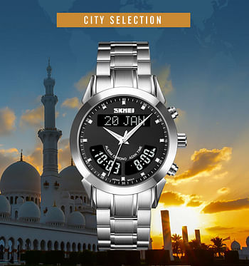 SKMEI Q036 Top Brand Muslim Men Watches Qibla Compass Adhan Alarm Hijri Calendar Islamic Al Harameen Fajr Time Wristwatch Leather Straps - SB