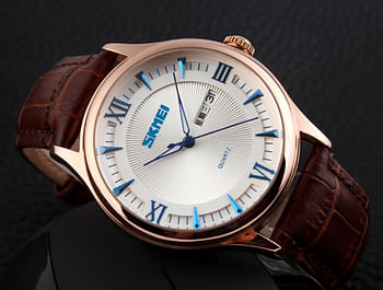 SKMEI 9091 White Dial Original Leather Straps Wrist Watch for Men - BR-Blue