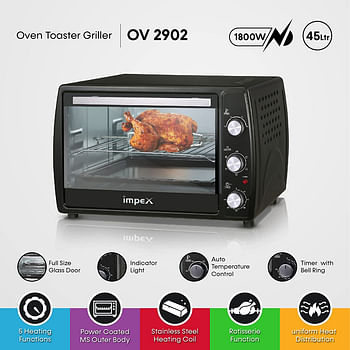 Impex  1800W 45 Litre Oven Toaster Grill (OTG) with Convection and Rotisserie Function 100-250 Temperature setting, Black