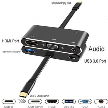 USB C Docking 5 in 1 Type-C to 4K HDMI VGA USB 3.0 Adapter USB C to Audio Jack Headphone Cable PD Converter for MacBook / Computer