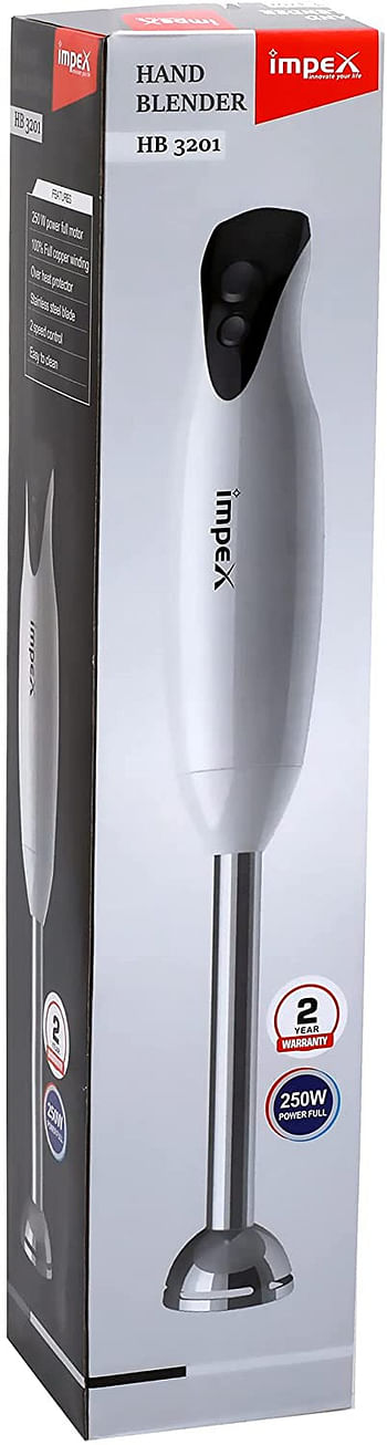 Impex 200 Watts Hand Blender Mixer with 2 Speed Controls / Stainless Steel Blade / Overheat Protection, White