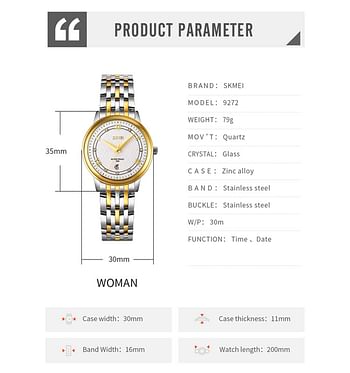 SKMEI 9272 Luxury Stainless Steel Womens  Watches 3Bar Waterproof Date Quartz Wristwatch Silver - Black