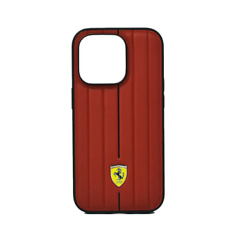 Ferrari Leather Case With Embossed Stripes Yellow Shield Logo For Iphone 14 Pro Red