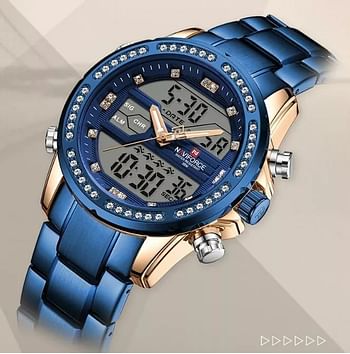 Neviforce NF9190 Dual Time Multifunction Luxury Stainless Steel Watch For Men- Blue