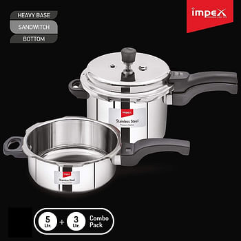 Impex  Induction Base High Grade Stainless Steel 3L & 5L Pressure Cooker with Spring loaded Safety Valve Heavy Base Sandwich Bottom