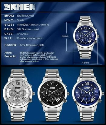 SKMEI 9097 Chronograph Stainless Steel Strap 30M Waterproof Wrist Watch for Men - Silver Blue