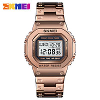 New SKMEI 1456 Outdoor Sport Chronograph LED Light Stainless Steel Countdown Digital Watch For Men - Rose Gold