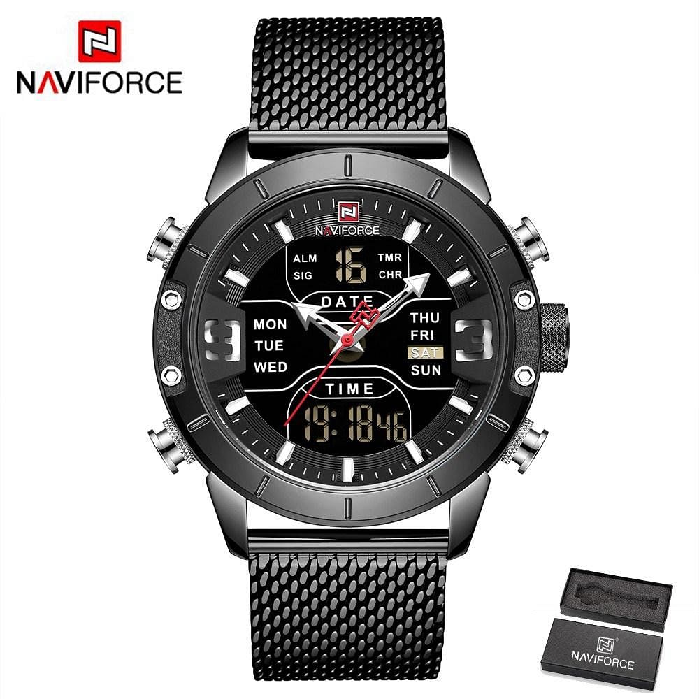 NAVIFORCE 9153 Man Quartz Watch Dual Time Calendar Week Date Display Noctilucent Waterproof Stainless Steel Band Male Wristwatch - Black