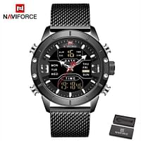 NAVIFORCE 9153 Man Quartz Watch Dual Time Calendar Week Date Display Noctilucent Waterproof Stainless Steel Band Male Wristwatch - Black