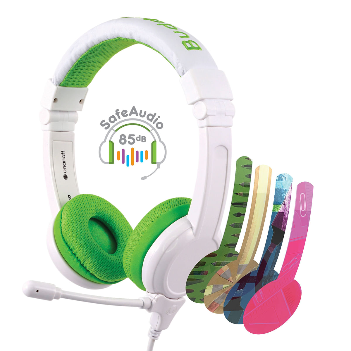 BuddyPhones - School Plus Kids Headphones - High Performance Beam Mic, Detachable BuddyCable for Sharing, Foldable & Cushioned Headband (Green)