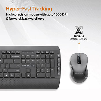 Promate Wireless Keyboard and Mouse, Ergonomic 2.4Ghz Keyboard and Mouse Combo with Palm Rest, Silent Keys, 1600Dpi Precision Tracking Mouse, Nano USB Receiver and Auto-Sleep Function for PC, Desktops, Windows, IOS, ProCombo-10 English