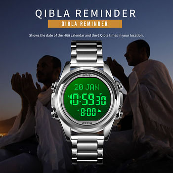 Skmei Muslim Digital Watch for Prayer Qibla Compass Hijri Calendar Quran Bookmark City Selection Function Date Week Alarm Backlight 3ATM Waterproof Men Azan Watches Islamic Wristband Men's Full  Silver