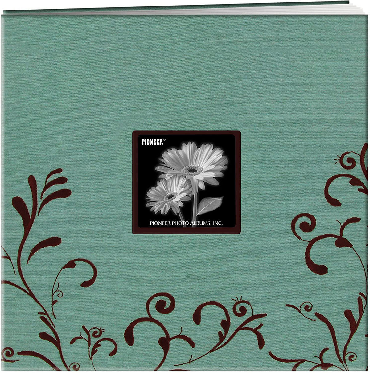 Pioneer - Scroll Embroidery Fabric Postbound Memory Book With Window 12" X 12" Aqua With Brown