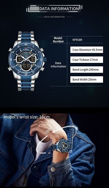 NAVIFORCE NF9189 Stainless Steel Dual Movement Digital Analog Dark Night Display Quartz Watch For Men G/BE