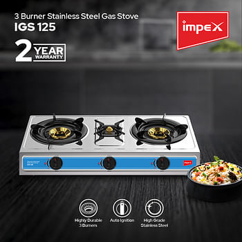 Impex IGS 125 3 Burner Stainless Steel Gas Stove With Auto Ignition