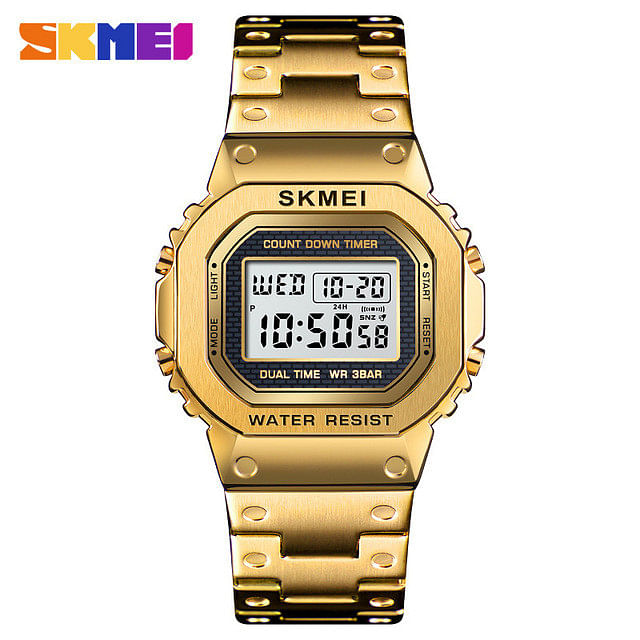 New SKMEI 1456 Outdoor Sport Chronograph LED Light Stainless Steel Countdown Digital Watch For Men - Gold