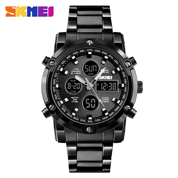 SKMEI 1389 Digital Watch Men Quartz Sport Watch Luxury Business Stainless Steel Strap Analog & Digital Men Watches - Black