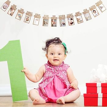 New Born to Twelve Months Birthday Photo Frame Banner for kids | 1st Birthday Decorations Party Props Picture Cards - Brown