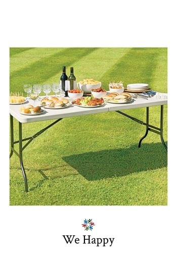 We Happy Folding Table - Foldable Heavy Duty Plastic Table for Indoor & Outdoor Parties, Picnic, Camping, Wedding BBQ Catering, Garden Dining - Fold-In-Half Portable Utility Table - White - 6ft