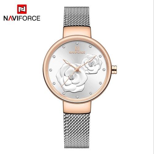 Neviforce Women's Black Dial Stainless Steel Mesh Chronograph Watch NF5013 Rose Gold Silver