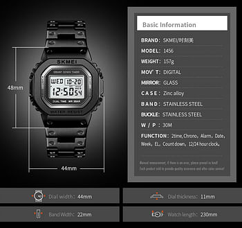 New SKMEI 1456 Outdoor Sport Chronograph LED Light Stainless Steel Countdown Digital Watch For Men - Black
