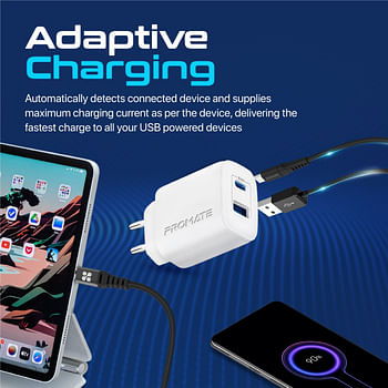 Promate USB-CAdapter, Universal 17W Multi-Port Wall Charger with 5V/3A Type-CPort, 5V/2.4A USB-A Port, Adaptive Charging and Over-Charging Protection for iPhone 13, Samsung Galaxy S22, iPad Air, BiPlug-2 EU White