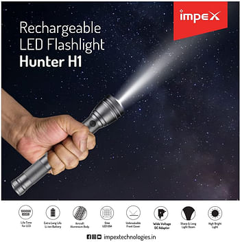 Impex Rechargeable LED Flashlight with 100000 Hours Life time Non Corrosive Aircraft Aluminium Body High Bright 10W Cree LED (USA Unbreakable front Cover, Black