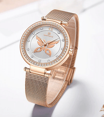 NAVIFORCE NF5018 Elegant Butterfly Pattern Diamond Stainless Steel Mesh Strap Quartz Watch For Women RG- W