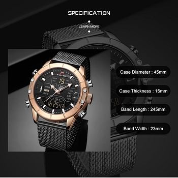 NAVIFORCE 9153 Man Quartz Watch Dual Time Calendar Week Date Display Noctilucent Waterproof Stainless Steel Band Male Wristwatch RG/B