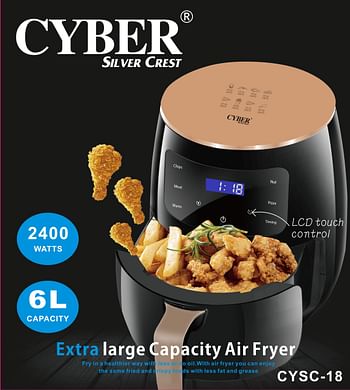 Cyber Air Fryer 6L, Electric Hot Air Fryers Oil less Cooker with 10 Presets, Digital LCD Touch Screen, Nonstick Basket, 2400W