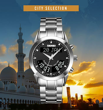 SKMEI Q036 Top Brand Muslim Men Watches Qibla Compass Adhan Alarm Hijri Calendar Islamic Al Harameen Fajr Time Wristwatch Leather Straps - SW