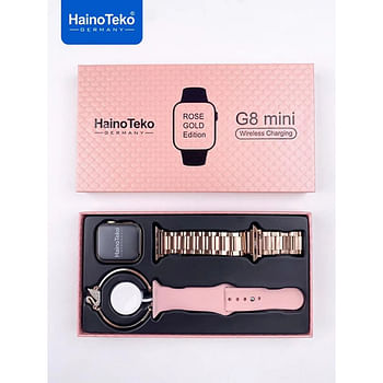 Haino Teko Germany G8 Mini Rose Gold Edition Smart Watch for Her 45mm, Bluetooth Call, Wireless Charging, One Extra Strap + Bangle